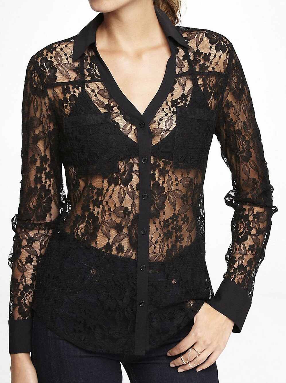 EXPRESS Sheer Black Lace Button-Front Blouse